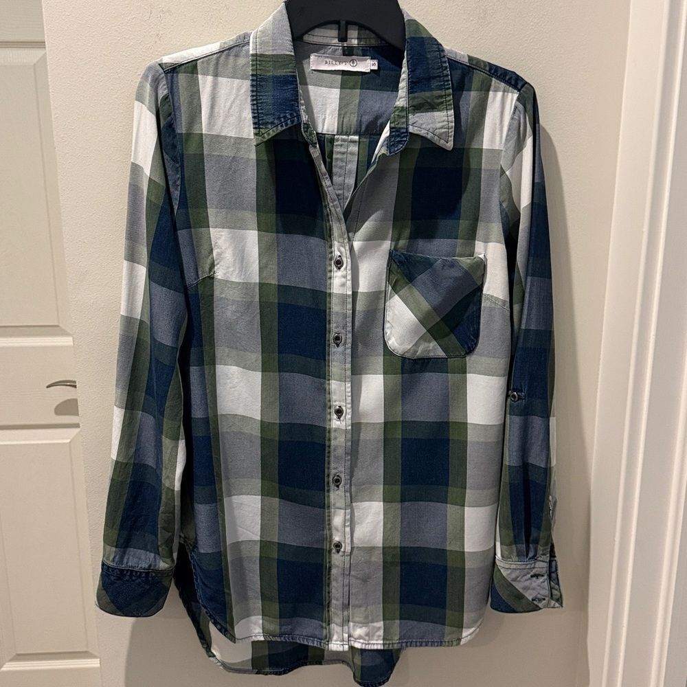 Billy T Plaid Button-Up Shirt lyocell with roll tab for sleeves size Small